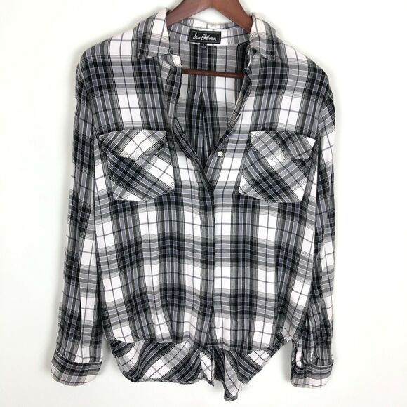 Sam Edelman Black White Plaid Button Front Shirt Women's Size Small Tab Sleeves - Picture 1 of 5
